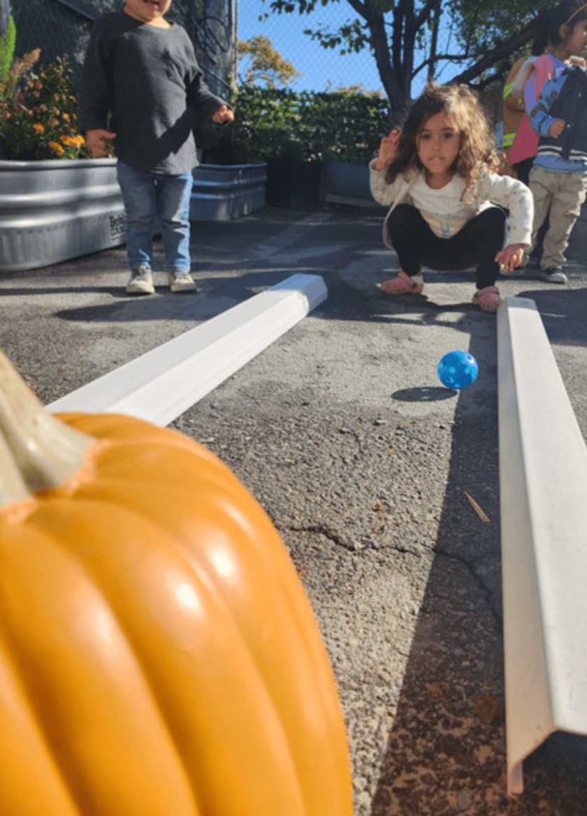 Toddler engaging in a homemade bowling game, where a ball rolls down a self-crafted lane towards a pumpkin.